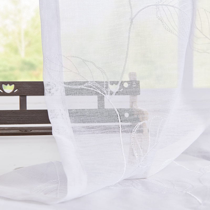Topick White Sheer Leaf Curtain Kitchen Valance for Windows Leaf Embroidered Voile Small Curtain Valance Semi Sheer Farmhouse Curtain 18 Inch Rod Pocket 1 Panel White - Image 4